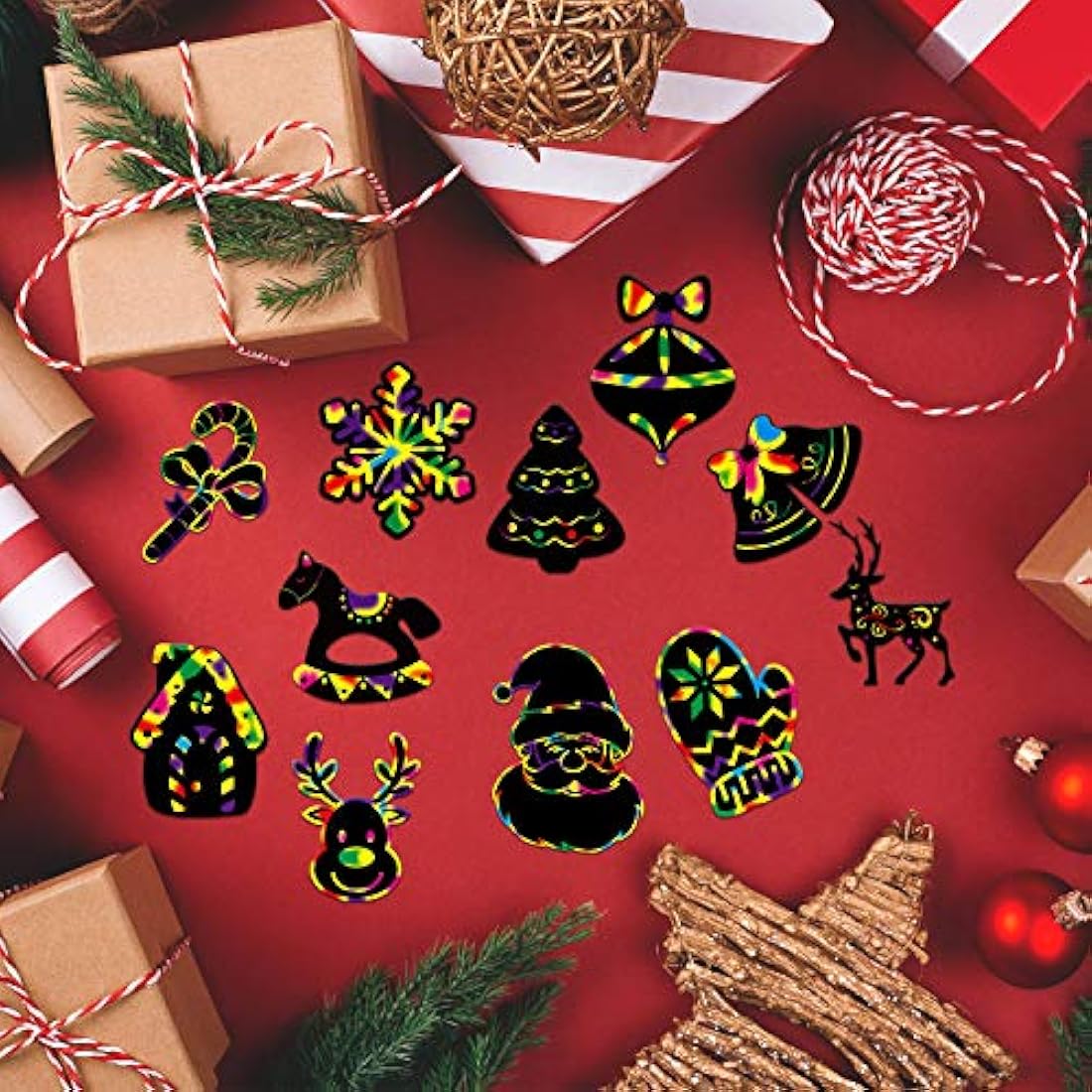 LOKIPA Christmas Scratch Paper Art Ornaments,80 Rainbow Magic Scratch Off Paper Cards with Drawing Sticks&Ribbon for Christmas Decoration