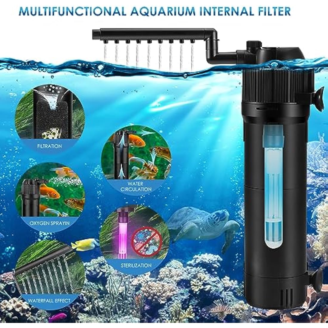 Internal Fish Tank Filter, 5 in 1 Adjustable Aquarium Filter Pump with UV Steriliser, Ultra Silent Biochemical Filtration Pump, 500 L/H Water Pump Aquarium Filter Fit for 200L Fish Tank Aquariums