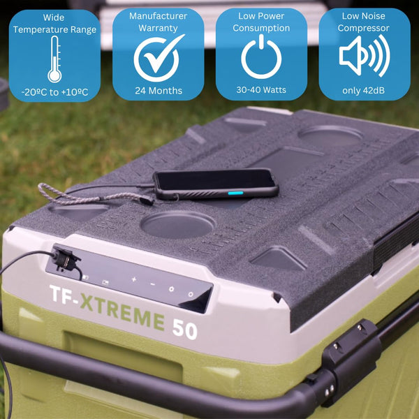 TF-XTREME Portable Refrigerator Fridge Freezer - 12V Electric Car Fridge Cooler for Camping - Motorhome Cool Box 24V Off-Grid Fishing Picnic Van Coolbox Green 50L