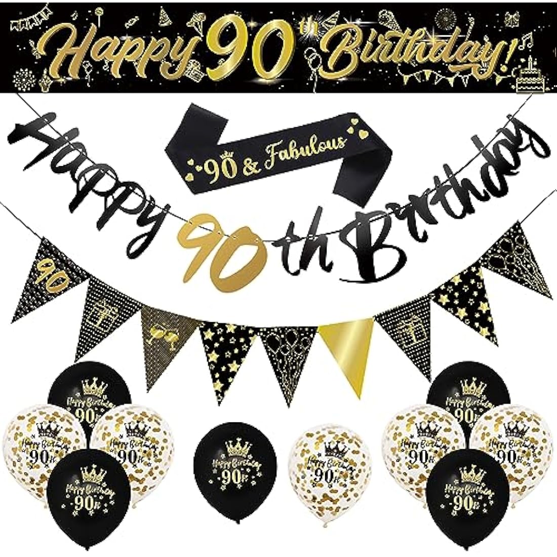 14 Pieces 90th Happy Birthday Decorations Kit, Birthday Party Decoration Including Party Supplies Birthday Straps 9ft Banner Triangle Flags Confetti Latex Balloons