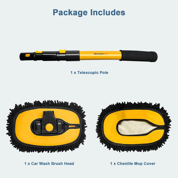 YeewayVeh Car Wash Brush, 43" Extendable Car Wash Brush Mop with Long Handle, 15 Degree Curved Soft Car Cleaning Brush kit with Extra Microfiber Brush Head for Truck SUV Cleaning, Orange