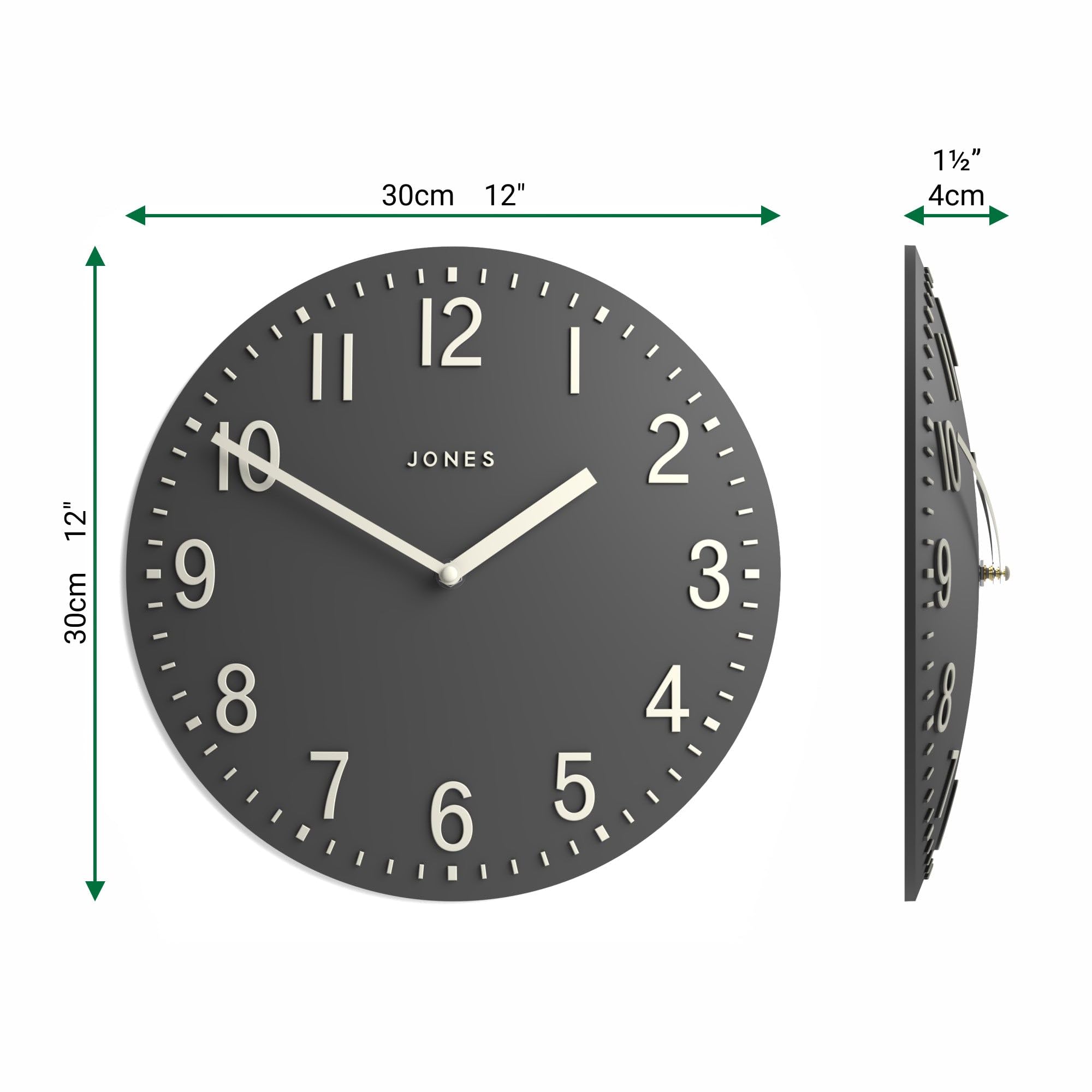 Jones Clocks Chilli wall clock | Modern convex clock | 30cm | Dark grey | Ideal for the kitchen, living room, office or bedroom