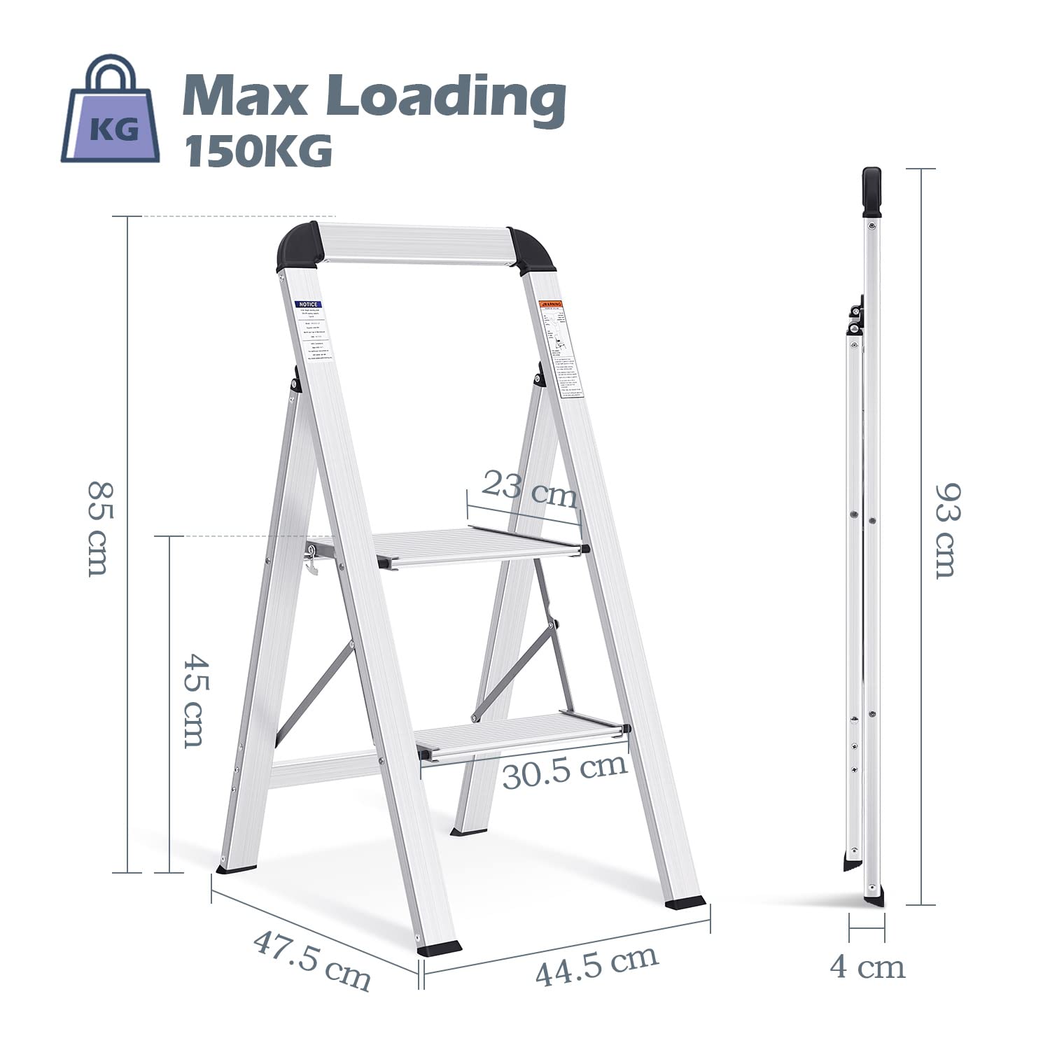 KINGRACK 2 Step Ladder with Handrail, Non-Slip Household Ladder with Folding Safety, Aluminium Folding Step Stool, Maximum Load 150 kg, Black