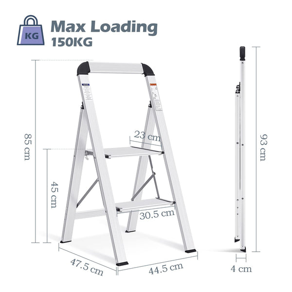 KINGRACK 2 Step Ladder with Handrail, Non-Slip Household Ladder with Folding Safety, Aluminium Folding Step Stool, Maximum Load 150 kg, Black