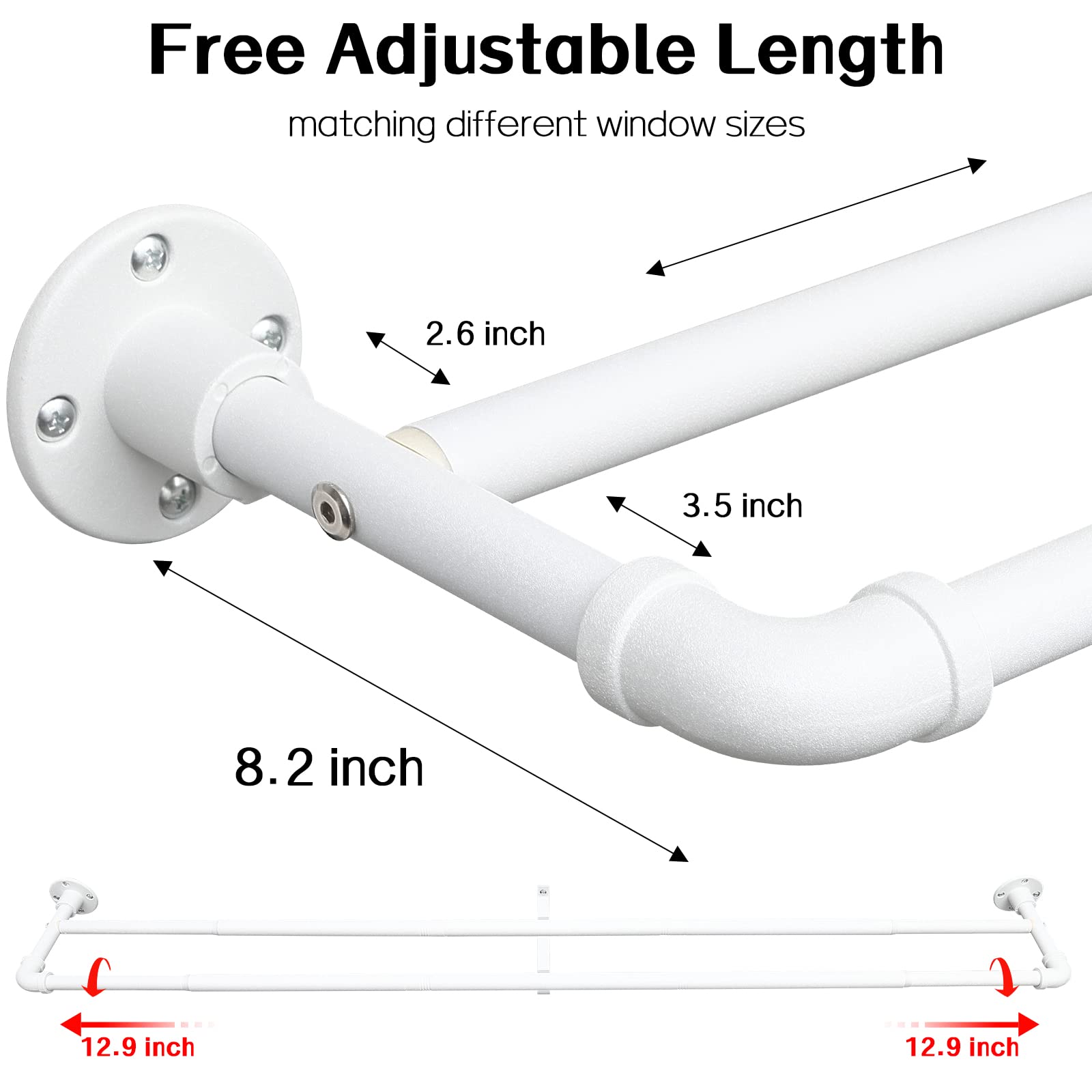 Harrms Industrial Double Curtain Pole, Curtain Poles for Eyelet Curtains, Matt White, 74-236cm, Extendable Metal Curtain Rod Blackout Room Darkening
