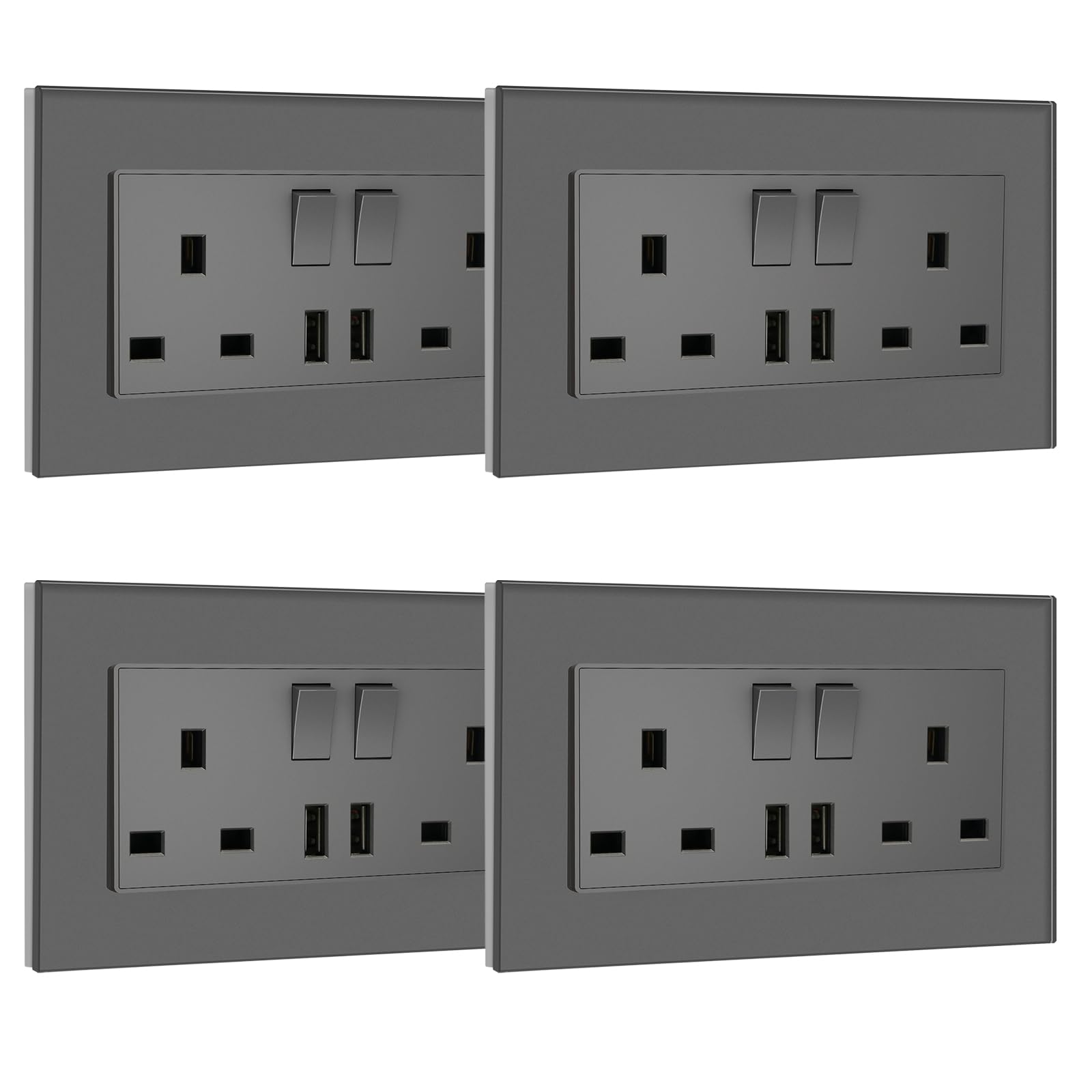 BSEED Double Socket 13A with LED Indicator, Double Switched Wall Socket 2 Gang UK Standard, Electric Switched Plug Power Wall Outlet with Glass Panel, Grey