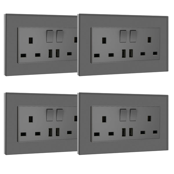 BSEED Double Socket 13A with LED Indicator, Double Switched Wall Socket 2 Gang UK Standard, Electric Switched Plug Power Wall Outlet with Glass Panel, Grey