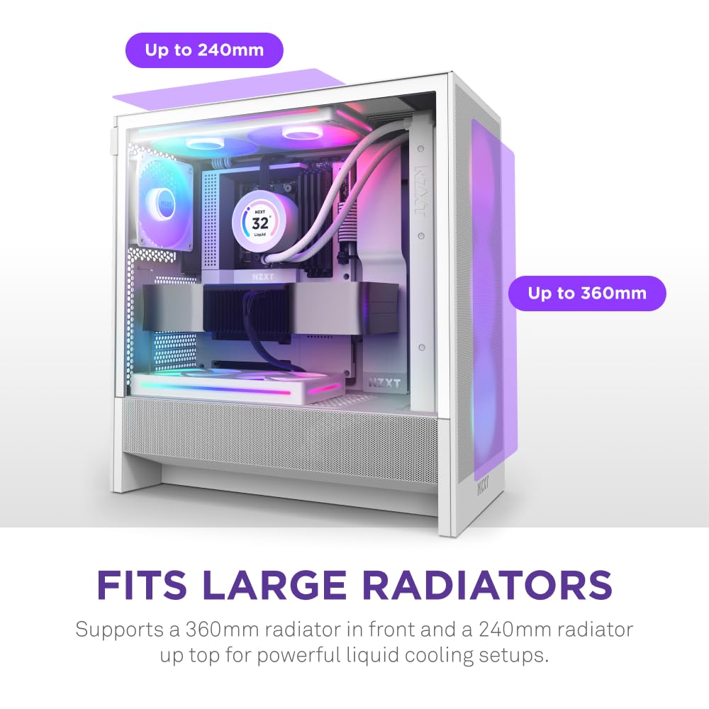NZXT H5 Flow RGB - Compact ATX Mid-Tower PC Gaming Case - High Airflow - F360 RGB Core (CV) Included - 360mm Front & 240mm Top Radiator Support - Cable Management - Tempered Glass - White