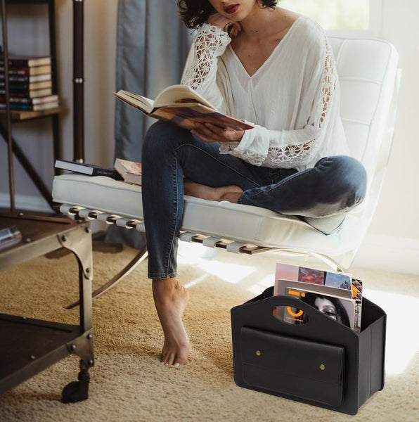 HofferRuffer Leather Magazine Holder Newspaper Rack with Handle Foldable Storage Basket with Little Front Bag Multipurpose Organizer Black 13.8*11*6