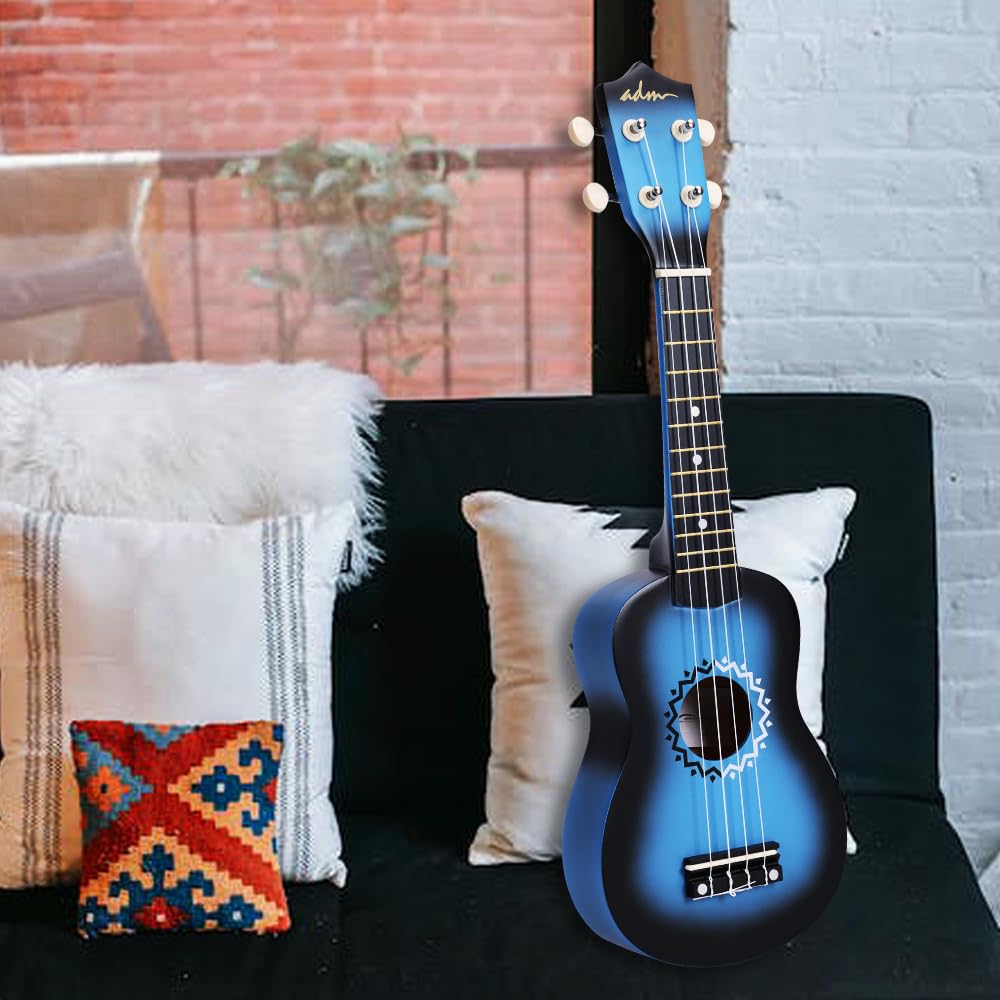 ADM Soprano Ukulele Set for Kids and Beginners, Ukulele Starter Kit with Bag, Clip-On Tuner, Rainbow Strings, Colourful Strap, Plectrum, Fingerboard Sticker, Chord Card (Dark Blue)