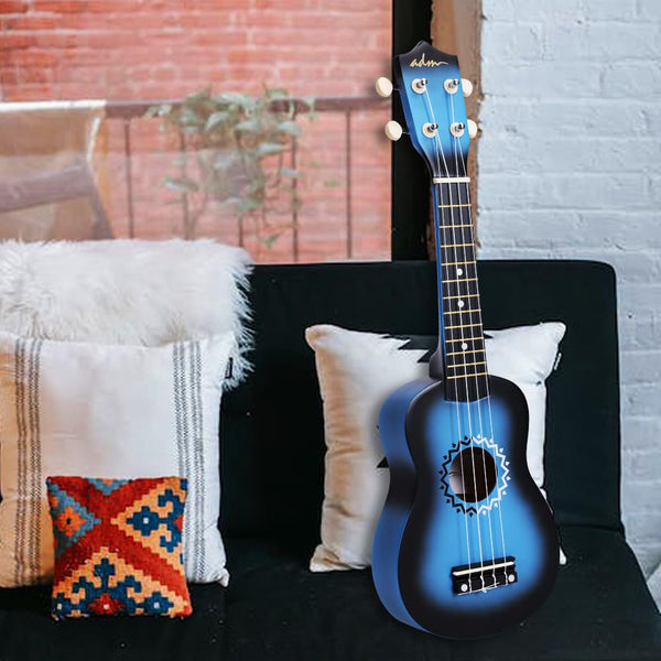 ADM Soprano Ukulele Set for Kids and Beginners, Ukulele Starter Kit with Bag, Clip-On Tuner, Rainbow Strings, Colourful Strap, Plectrum, Fingerboard Sticker, Chord Card (Dark Blue)