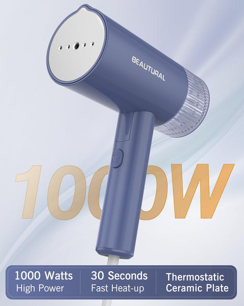 BEAUTURAL Clothes Steamer, Foldable Handheld Clothing Wrinkles Remover for Garments, Portable Mini Fabric Steam Iron for Home and Travel (White)