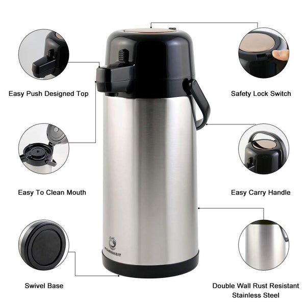 Airpot Coffee Carafe - TOMAKEIT Thermal Beverage Dispenser Insulated Pump Action Airpot for Hot/Cold Water (Press Pump)