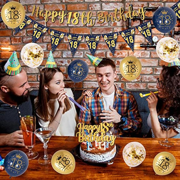 18th Birthday Decorations Boys Blue Gold Happy 18th Birthday Banner, 18th Birthday Balloons, Navy Blue Gold Latex Balloons Party Decorations Confetti Balloons for Boys 18 Birthday Party Supplies