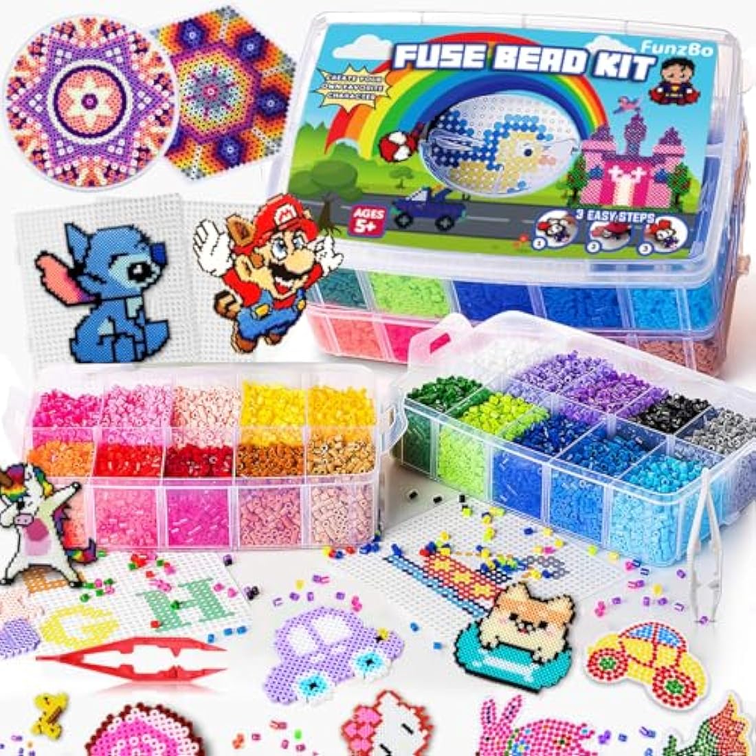 FunzBo Fuse Beads for Kids - 23000PCS 5mm Bead 106 Patterns Fusebead Melty Fusion Colored Arts and Crafts Set for Boys Girls Age 4 5 6 7 8 Year Old Brithdays Gifts for Kids (Mega)