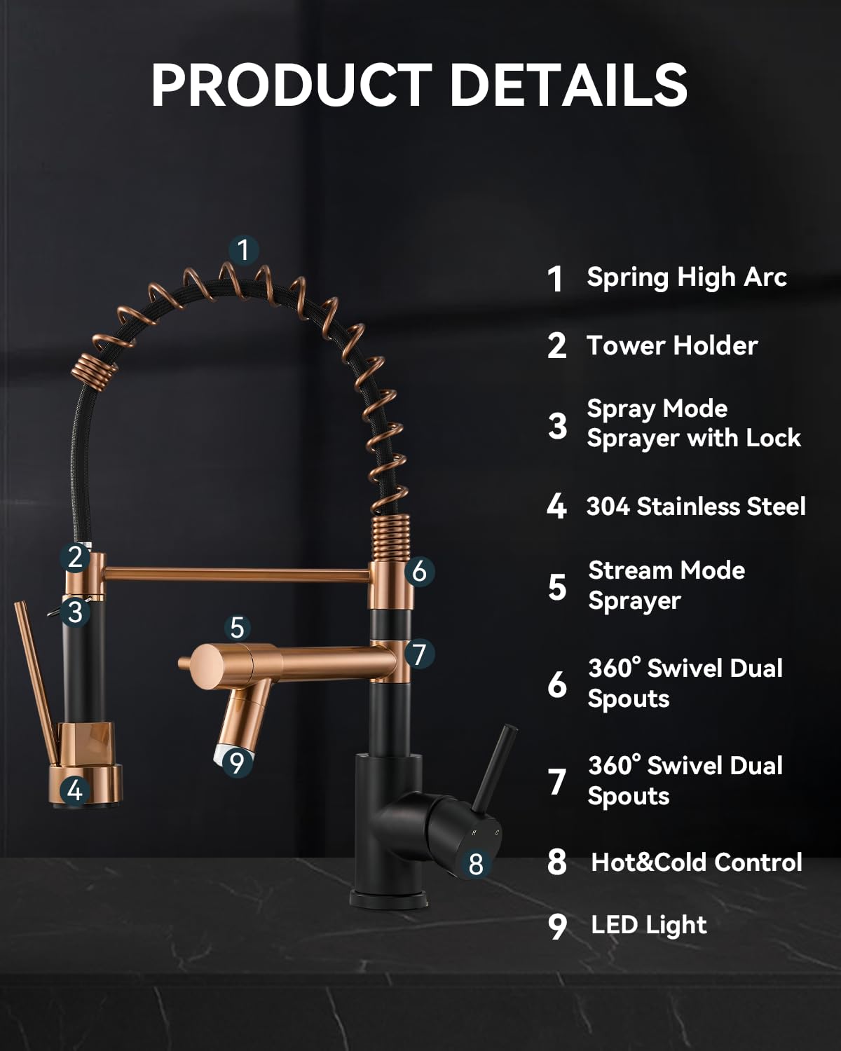 Warmiehomy 5 Modes Kitchen Taps Mixer with Pull Out Spray,High Arc 360° Swivel Dual Spout Pull Down Stainless Steel Kitchen Sink Taps,Brushed Nickel