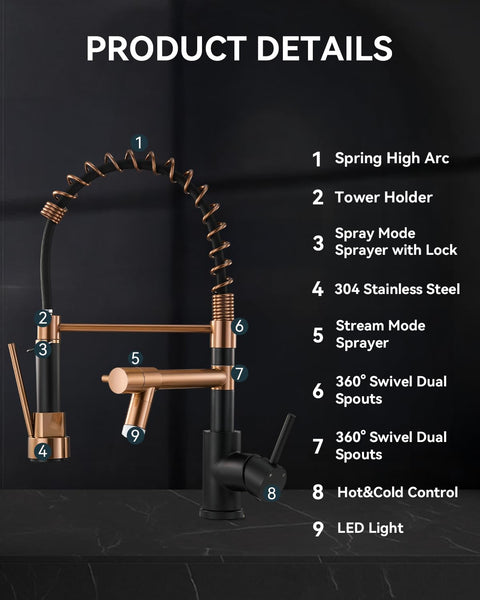 Warmiehomy 5 Modes Kitchen Taps Mixer with Pull Out Spray,High Arc 360° Swivel Dual Spout Pull Down Stainless Steel Kitchen Sink Taps,Brushed Nickel