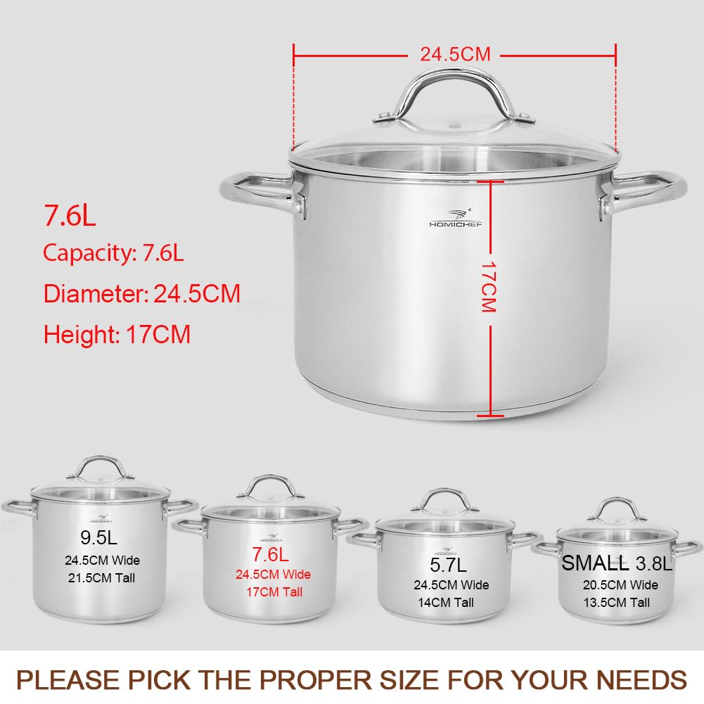 HOMICHEF Stock Pot 24.5 cm 7.6 Litre with Lid Nickel Free Stainless Steel - Mirror Polished Stockpot 7.6 Litre with Lid - Healthy COOKWARE Stockpots
