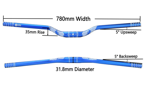 FIFTY-FIFTY Mountain Bike Riser Handlebar, Aluminum Alloy MTB Handlebar, 31.8mm Diameter, 780mm Wide Bicycle Bar (Blue, 35mm Rise)