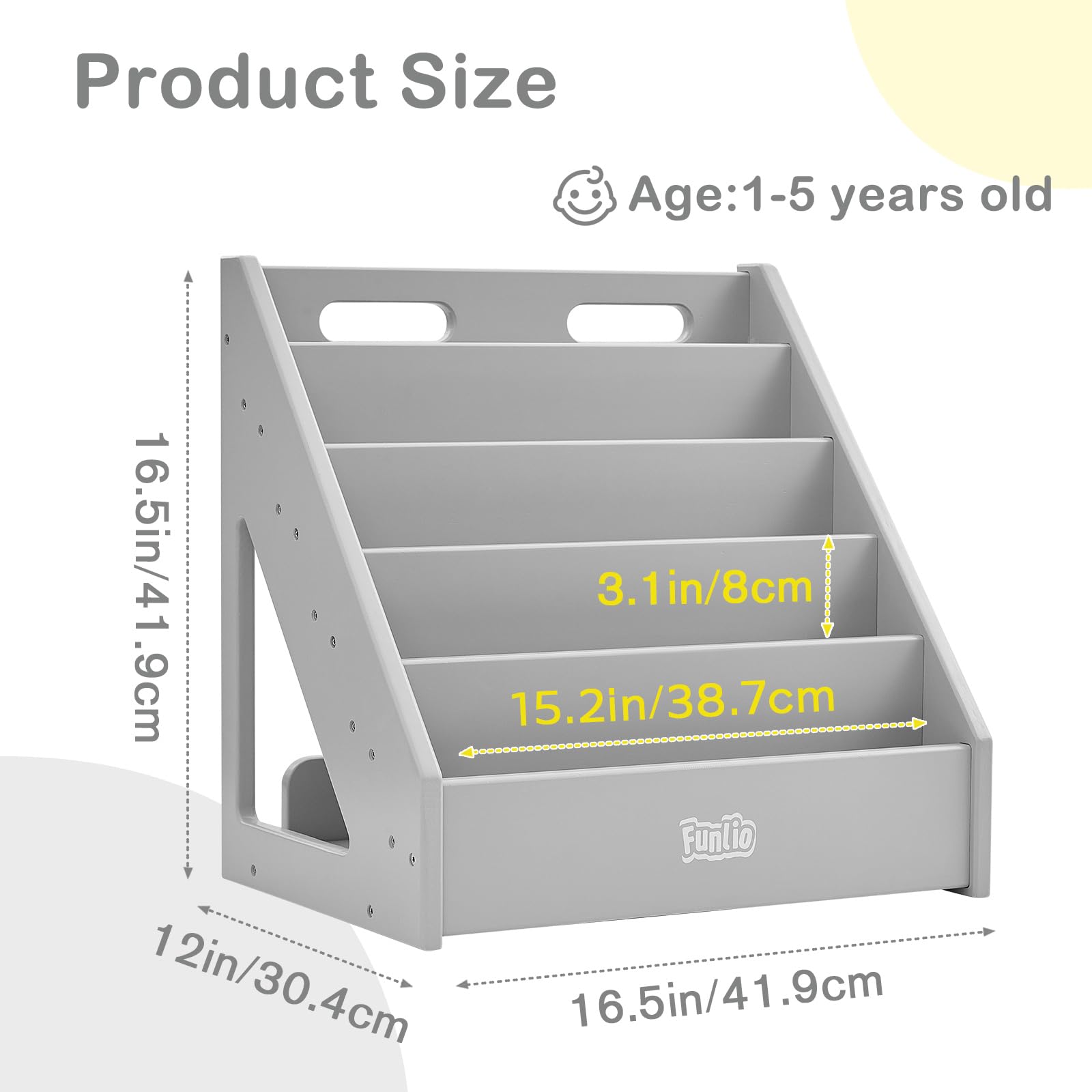 FUNLIO Montessori Bookshelf for Toddlers 1-5 Years, Front-Facing Kids Bookshelf with Handle & Anti-Tilting Device, Premium Pine Baby Bookshelf,