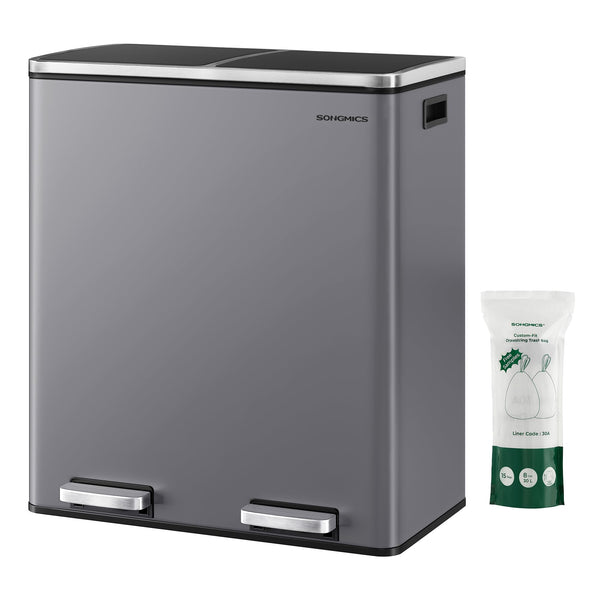 SONGMICS Dual Rubbish Bin, 2 x 30 L Recycling Bin with 15 Rubbish Bags, 2-Compartment Metal Pedal Bin with Lids and Plastic Inner Buckets, Soft Closure, Slate Grey LTB060G01