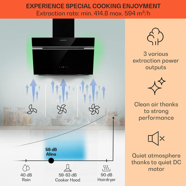 Klarstein Alina 90 Angled Cooker Hood - 600m³/h Air Flow, Touch Panel, LED Backlighting, Quiet 63dB, Energy Class A, 90cm Extractor Hood, Black