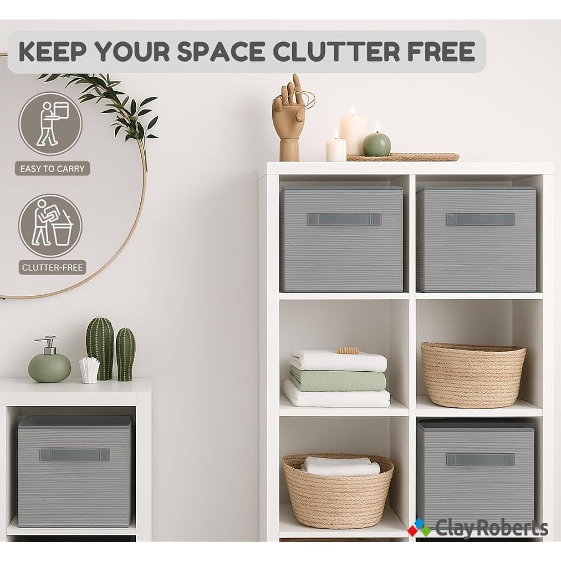 Clay Roberts Storage Cubes, Storage Boxes, Pack of 4, Grey, Fabric Basket Set for Storage Units, 25cm x 25cm x 25cm, Grey Baskets, Boxes, Box, Unit Cubes