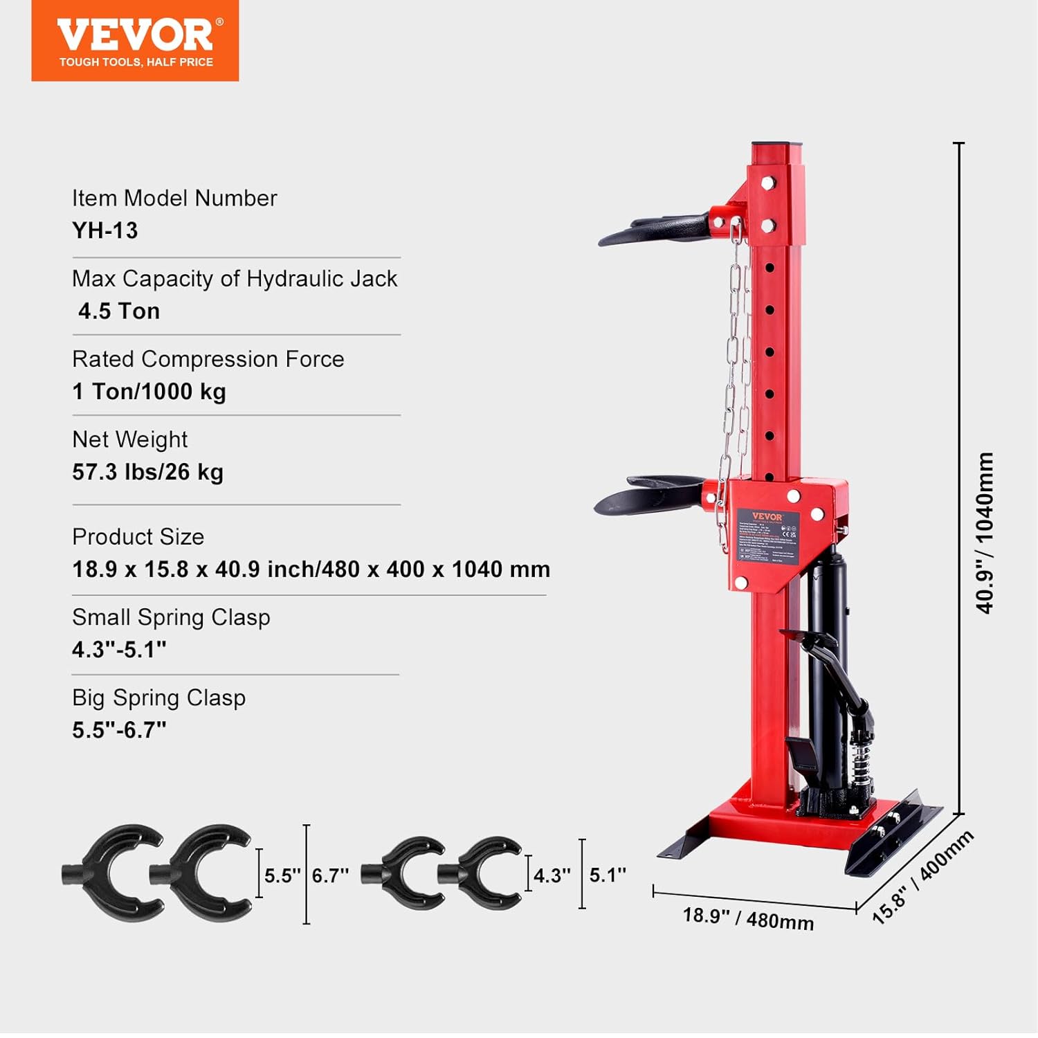 VEVOR Strut Spring Compressor, 4.5 Ton/9920 LBS Hydraulic Jack Capacity, 1 Ton Rated Compression Force, Auto Strut Coil Spring Compressor Tool, Hydraulic Spring Compressor for Strut Spring Removing