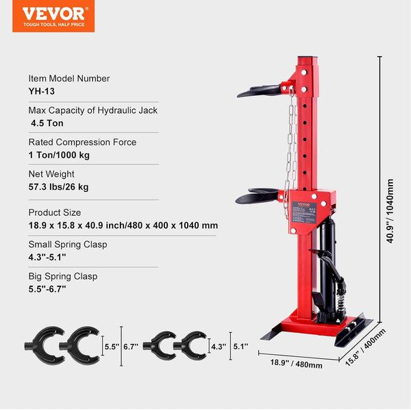 VEVOR Strut Spring Compressor, 4.5 Ton/9920 LBS Hydraulic Jack Capacity, 1 Ton Rated Compression Force, Auto Strut Coil Spring Compressor Tool, Hydraulic Spring Compressor for Strut Spring Removing