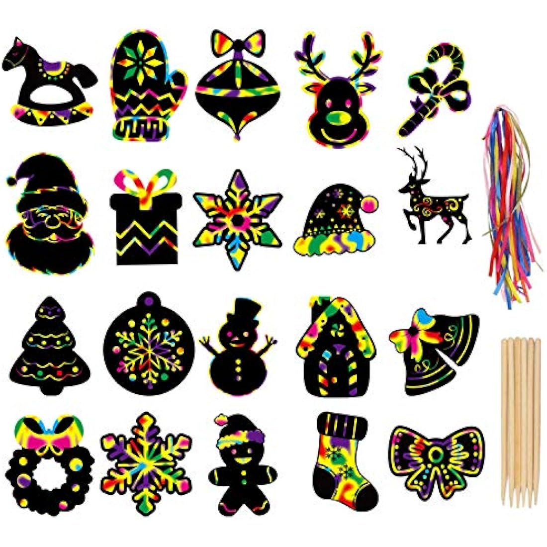 LOKIPA Christmas Scratch Paper Art Ornaments,80 Rainbow Magic Scratch Off Paper Cards with Drawing Sticks&Ribbon for Christmas Decoration