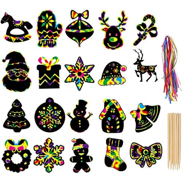 LOKIPA Christmas Scratch Paper Art Ornaments,80 Rainbow Magic Scratch Off Paper Cards with Drawing Sticks&Ribbon for Christmas Decoration