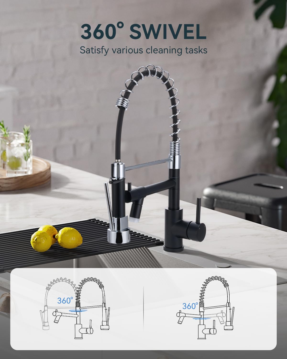 Warmiehomy 5 Modes Kitchen Taps Mixer with Pull Out Spray,High Arc 360° Swivel Dual Spout Pull Down Stainless Steel Kitchen Sink Taps,Brushed Nickel