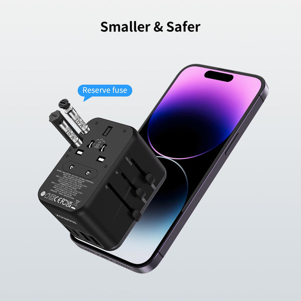 MOMAX Universal Travel Adapter,70W GaN Travel Plug Adapter with UK/EU/AU/US Plugs, 3USB-C PD & 2USB-A QC International Adapter Charger, Adapter Plug for Laptops Phones Vision Pro 1-World-Purple