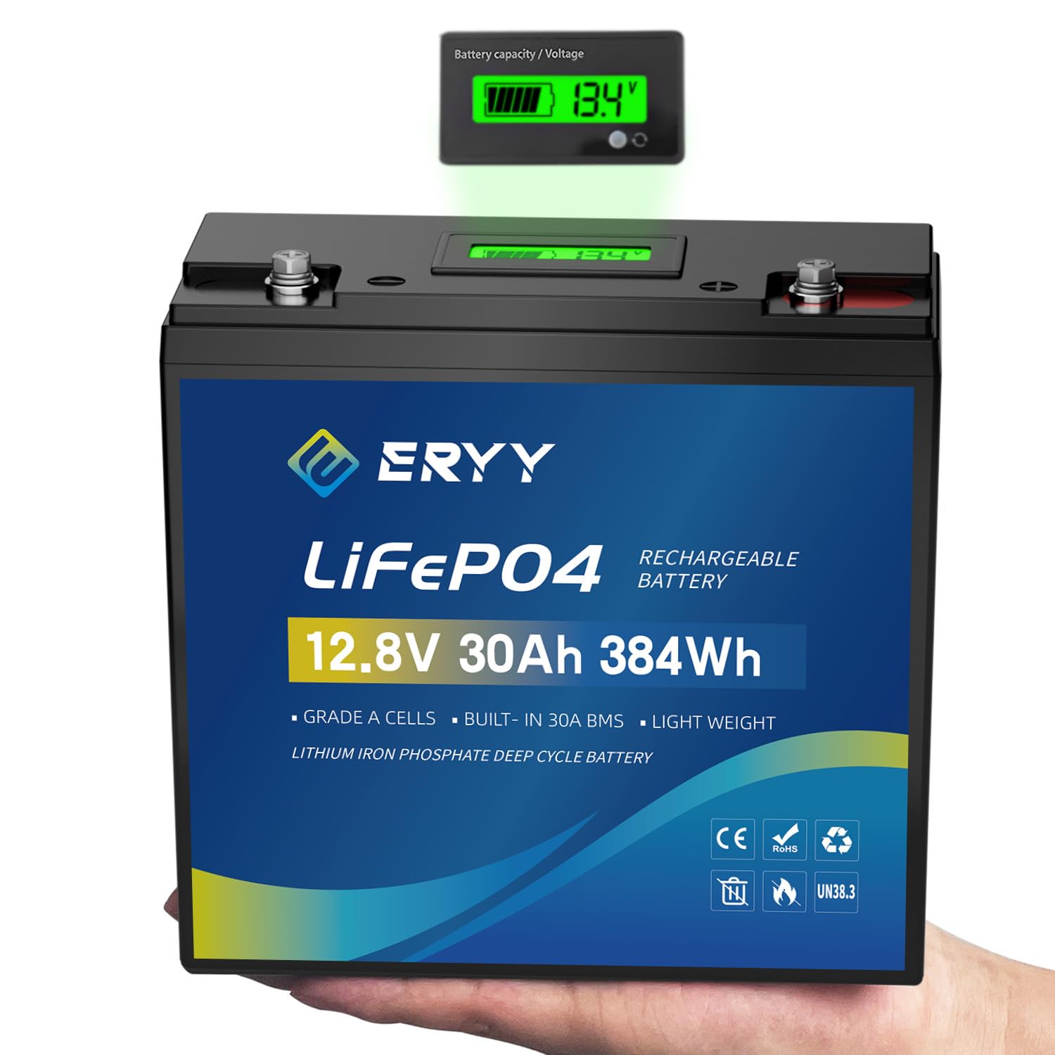 LiFePO4 Lithium Battery 12V 30Ah, Built-in 30A BMS & LCD Voltmeter, 5000+ Cycles, Lightweight Rechargeable Leisure Lithium Iron Phosphate Battery for RVs, Camping Gear, Trolling Motor, Solar