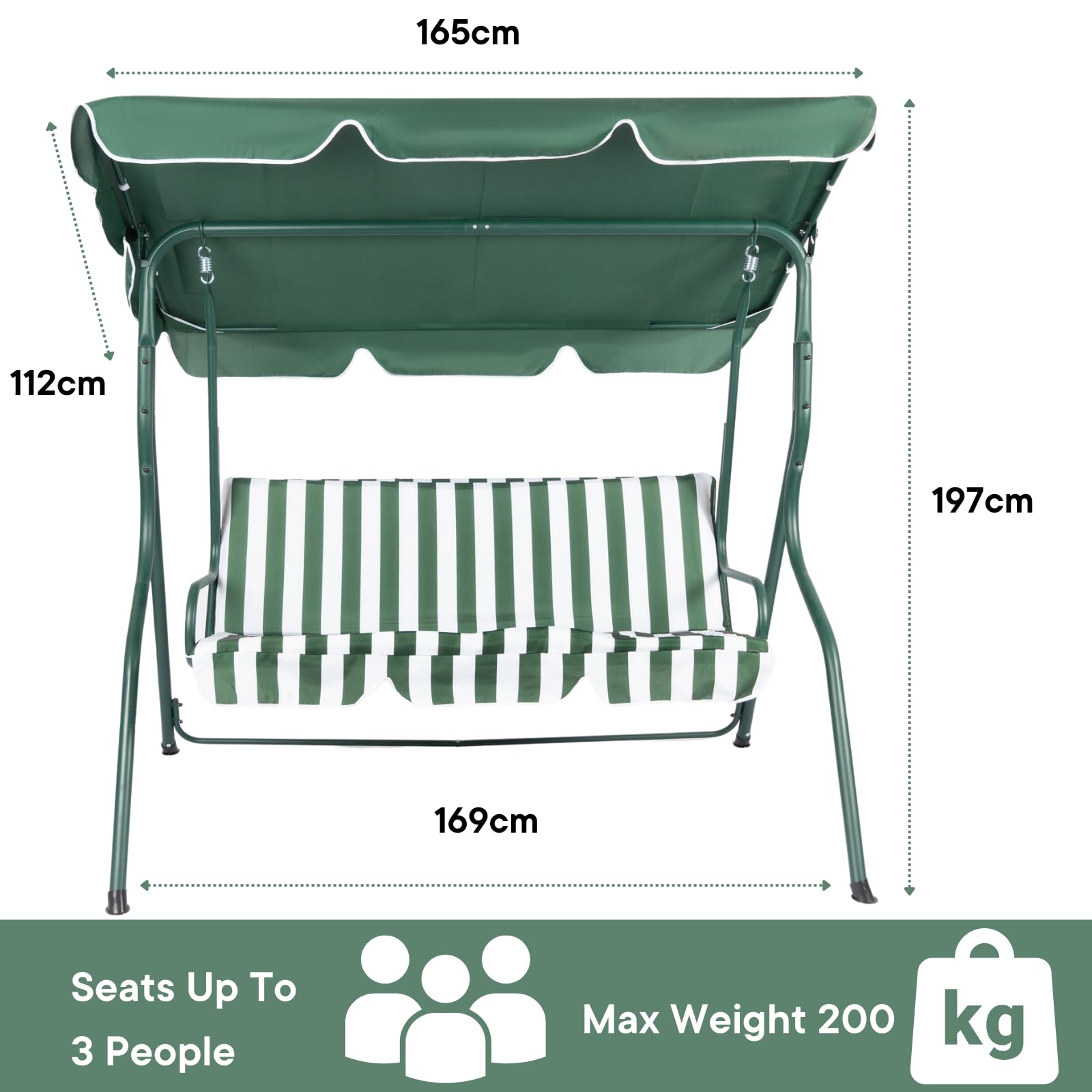 OHS Garden Swing Bench, 3 Seater Swing Seat Outdoor with Adjustable Canopy & Cushioned Seats Relaxing Comfy Outdoor Patio Hammock Bench, Grey/White Stripe