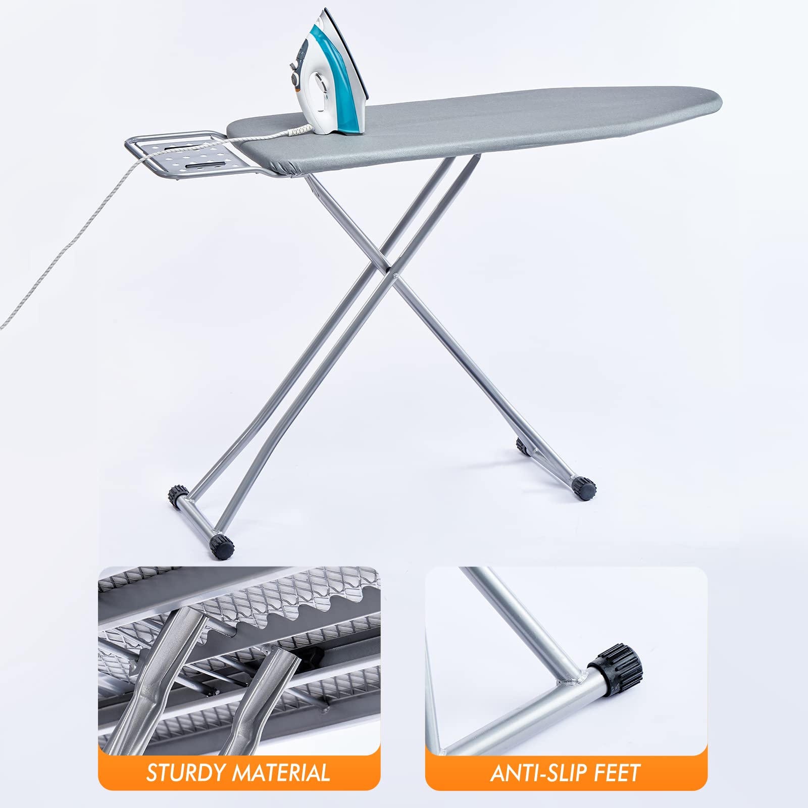 BKTD Ironing Board, Heat Resistant Cover Iron Board with Steam Iron Rest, Non-Slip Foldable Ironing Stand. Heavy Sturdy Metal Frame Legs Iron Stand(13