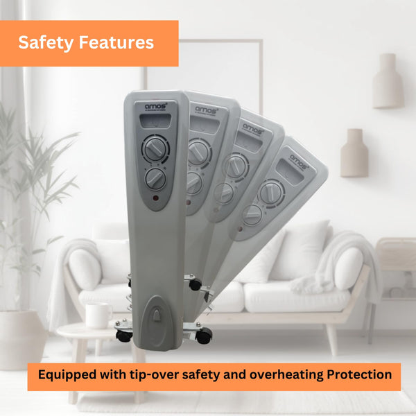 AMOS 1500W Electric Oil Filled Radiator Heater 7-Fin Portable Thermostat Heating Appliance with 3 Heat Settings, Safety Shut Off, and Power Indicator Light