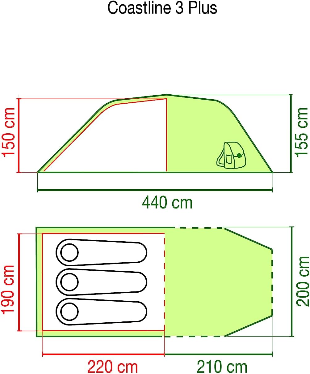 Coleman Tent Coastline 3 Plus, compact 3 man tent, 3 person tunnel tent, lightweight camping tent with awning and windows, Waterproof thanks to 3,000mm water column