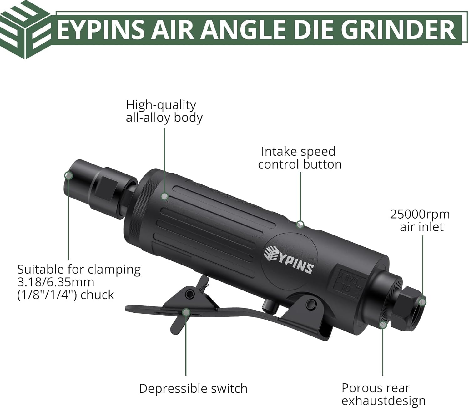 EYPINS Pneumatic Mini Air Die Grinder 1/4" & 1/8" - 25000RPM High-Speed Straight Grinding Tool with Safety Lock, Grinding Stones Kit for Metal, Wood, Plastic Polishing, Grinding & Rust Removal