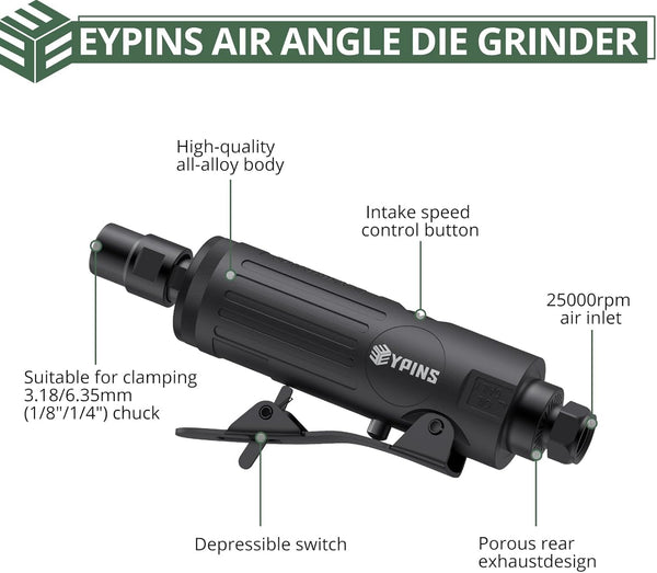 EYPINS Pneumatic Mini Air Die Grinder 1/4" & 1/8" - 25000RPM High-Speed Straight Grinding Tool with Safety Lock, Grinding Stones Kit for Metal, Wood, Plastic Polishing, Grinding & Rust Removal