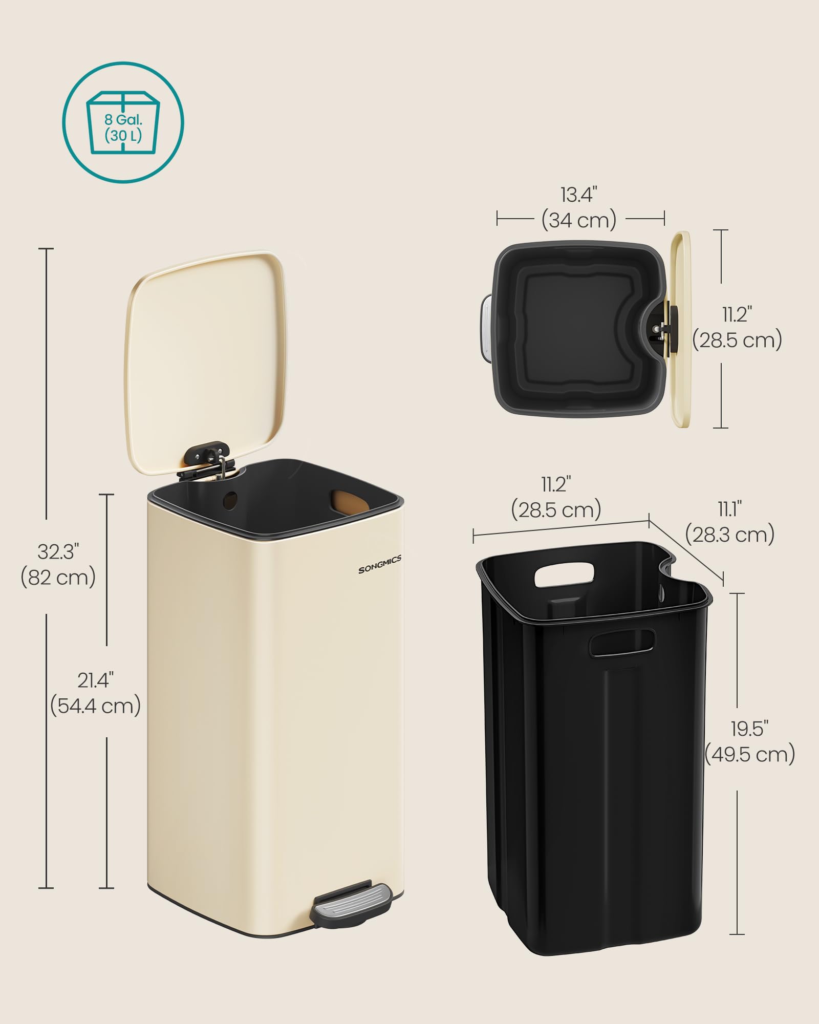 SONGMICS Kitchen Bin, 8-Gallon (30 L) Trash Bin, Steel Pedal Bin, with Inner Bucket, Soft Close and Stays Open, Ink Black LTB593B02
