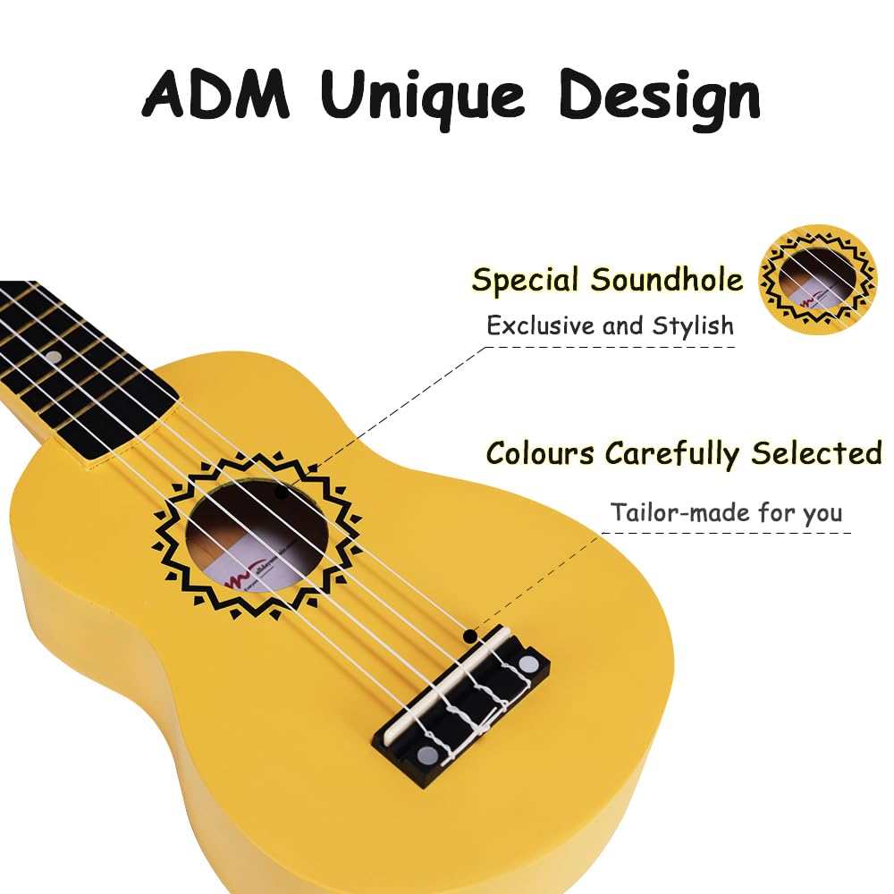 ADM Soprano Ukulele Set for Kids and Beginners, Ukulele Starter Kit with Bag, Clip-On Tuner, Rainbow Strings, Colourful Strap, Plectrum, Fingerboard Sticker, Chord Card (Dark Blue)