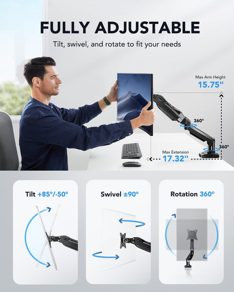 HUANUO Single Monitor Arm Desk Mount for 13 to 32 inch Screens, Tool Free Height Adjustable Monitor Stand with Tilt Swivel Rotate, 75 & 100mm VESA Mount, Load 19.8 lbs, C-clamp & Grommet Options