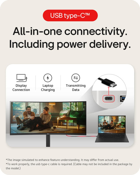 LG Electronics Curved UltraWide Monitor 34WR55QK, 34 inch, 1440p, 100Hz, 5ms Response Time, VA Panel, Smart Energy Saving, USB-C (65W Power Delivery), Displayport, HDMI