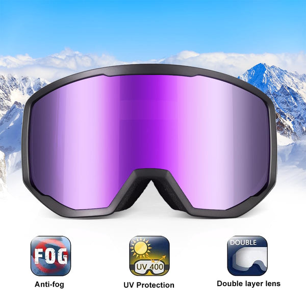 EXP VISION Ski Goggles, Anti fog Snow Snowboard Goggle OTG Dual lens with 100% UV400 Protection for Men Women (Black Frame-Purple)