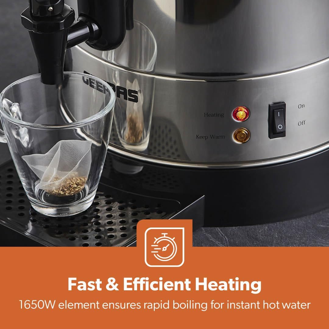 Geepas Electric Catering Urn, 1650W Instant Hot Water Boiler Dispenser - Tea Urn Kettle Home Brewing Commercial Office Use with Keep Warm - Easy Pour Tap, 15 Litre, Stainless Steel – 2 Year Warranty