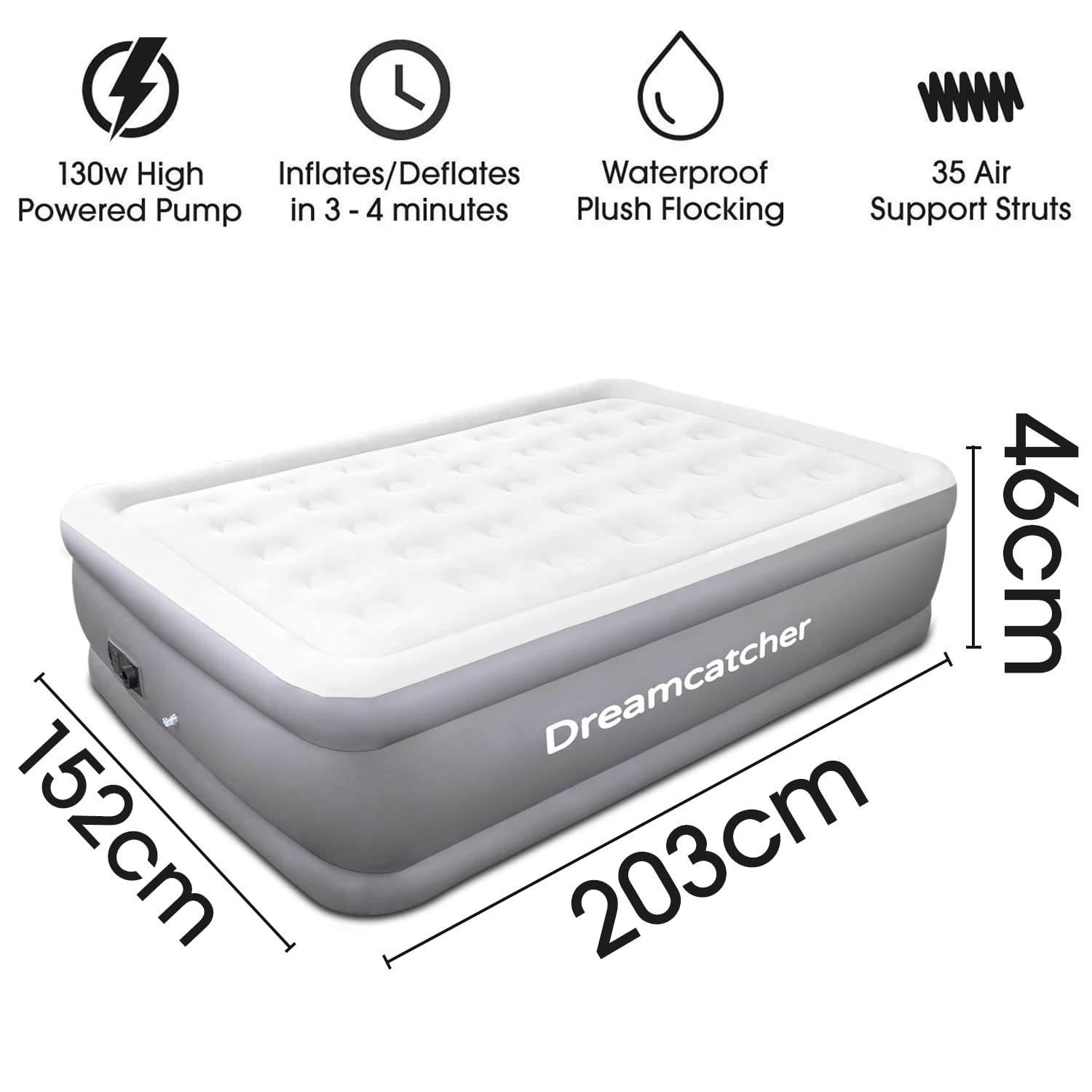 Dreamcatcher Premium Inflatable Mattress King Air Bed 203x152x46cm. Dark Grey Blow Up Bed Air Mattress with Built in Electric Pump & Airbed Storage