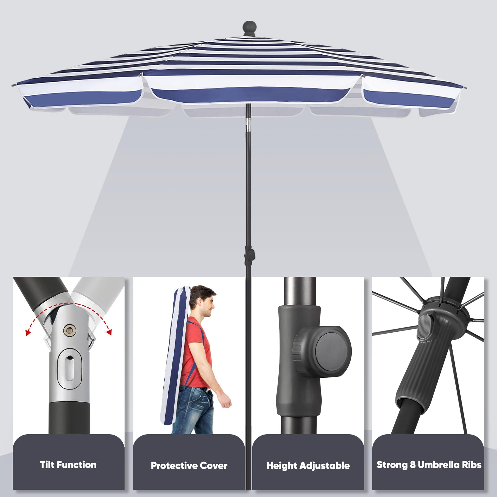 Sekey 2m Garden Parasol with Umbrella Cover - Adjustable and Portable Patio Umbrella for Beach, Garden, Pool, and Patio - UPF 50+ Sun Protection