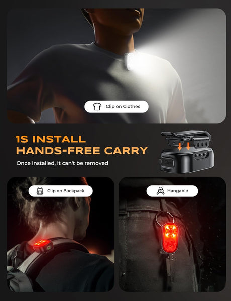 Glangeh 500LM Clip On Torch with Spot & Flood, 10 Mode Hands-Free Mini EDC Flashlight, Extended Runtime & IP65 Waterproof, Rechargeable Running Lights for Runners/Dog Walking/Hiking/Working/Camping