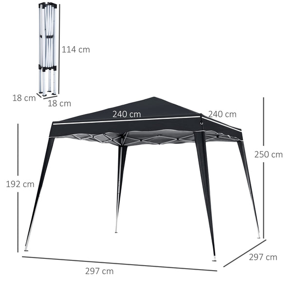 Outsunny 3 M x 3 M Base/ 2.5 M x 2.5 M Top Pop Up Gazebo, One Person Setup Instant with Carry Bag, Height Adjustable Slant Leg Party Tent Instant Event Shelter for Garden, Patio, Black